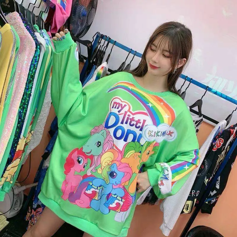 Аниме толстовки женские Kawaii девушки милые женские пуловеры, топы Свободные Мультяшные японские худи женские осенние свободные зеленые толстовки