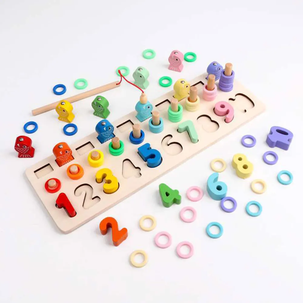 Child Wooden Digital Computing Building Shape Matching Cognitive 3-in-one Hands-on ability magnetic Fishing Log Board Puzzle Toy | Игрушки и