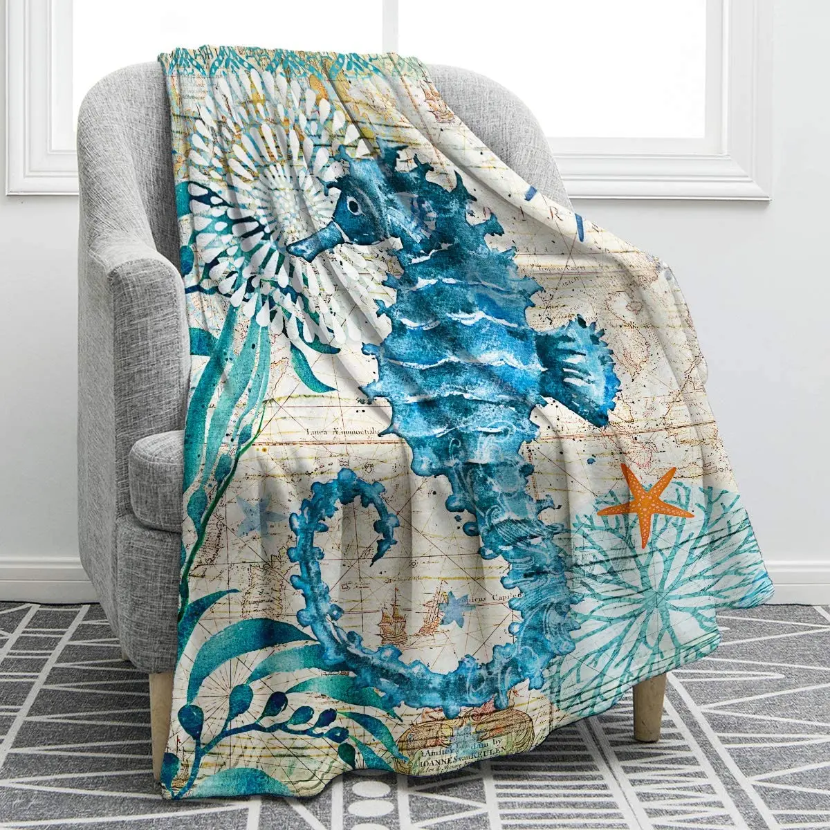 

Sea Horse Blanket Smooth Soft Ocean Style Print Throw Blanket for Sofa Chair Bed Office Gift