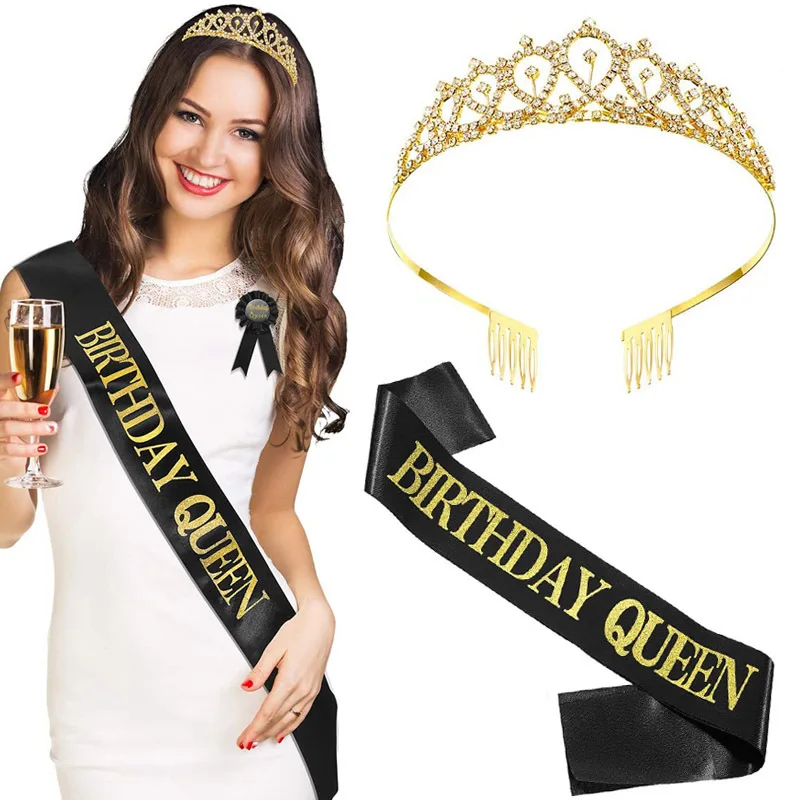 

Girls Shining Crown Glitter Birthday Sash Rhinestone Tiara Crystal Crown Birthday Queen Satin Ribbon Sash Birthday Party Decor