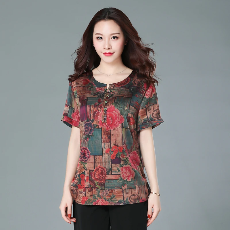 Летняя шелковая футболка женская модная Цветочная большого размера одежда 2020