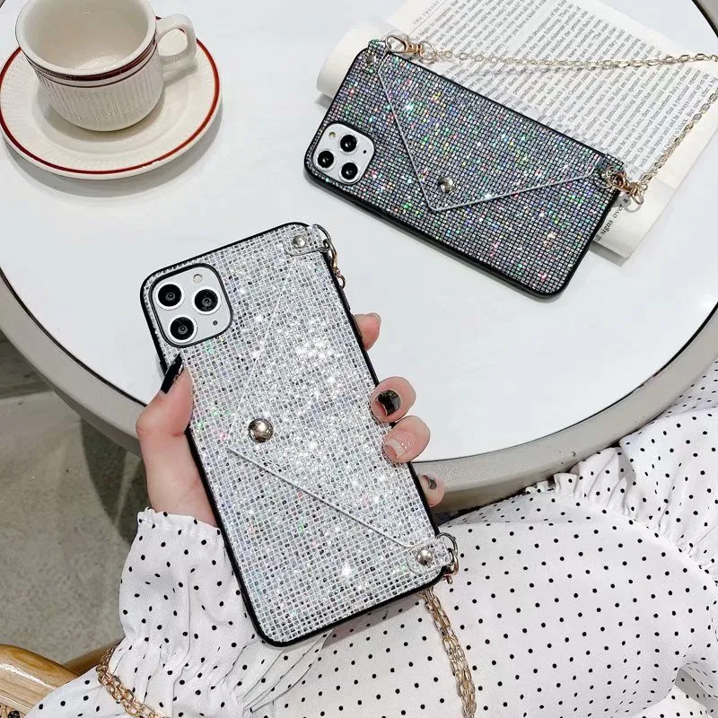 

Diamond Bling Crossbody Cover Wallet bag envelope Card package with shackles long chain for Iphone 12 PRO XS MAX XR X 6 7 8 plus