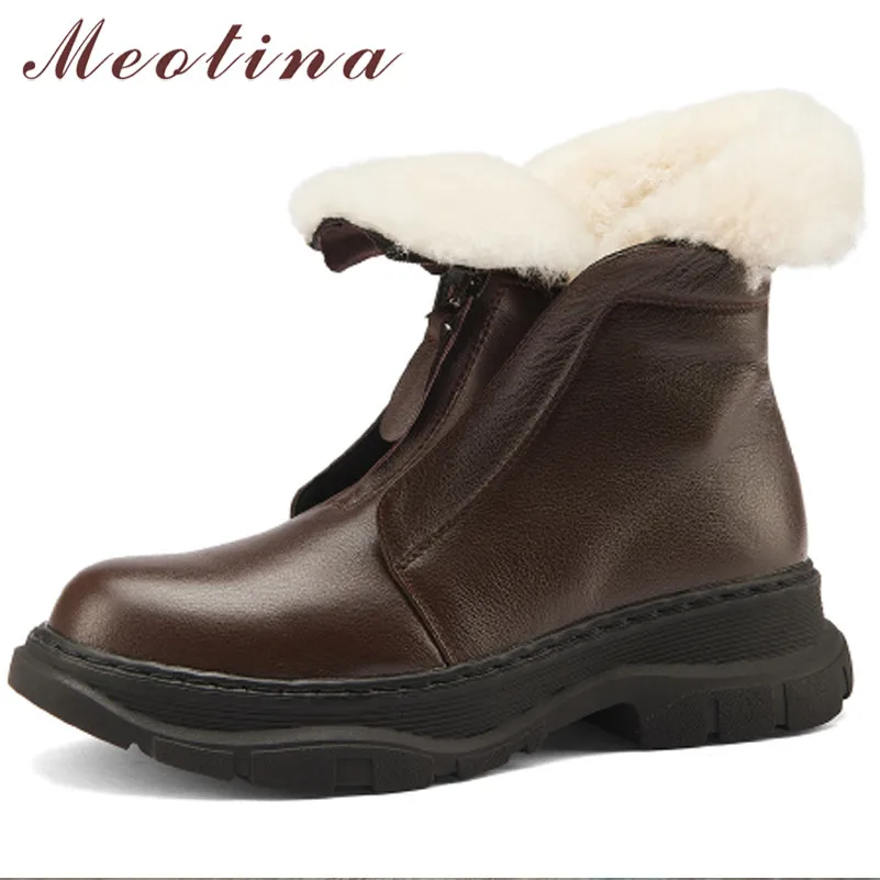 

Meotina Platform Med Heel Ankle Boots Woman Genuine Leather Snow Boots Block Heel Shoes Zip Short Boots Female Winter Brown 40