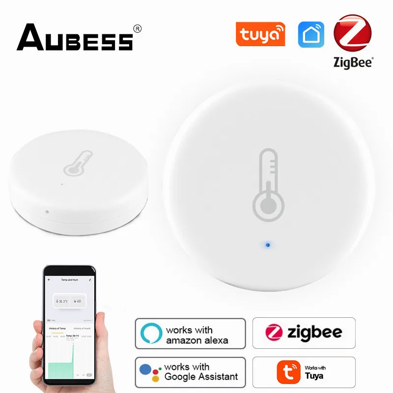 

Датчик температуры и влажности Aubess Zigbee Tuya, умный термометр с дисплеем и поддержкой Alexa и Google Assistant, для умного дома