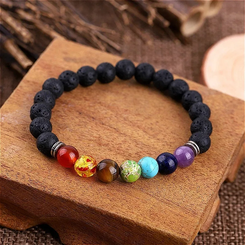 

2020 New Chakras Cuff Bracelets Men Black Lava Healing Balance Beads Reiki Buddha Pray Natural Stone Yoga Bracelet For Women
