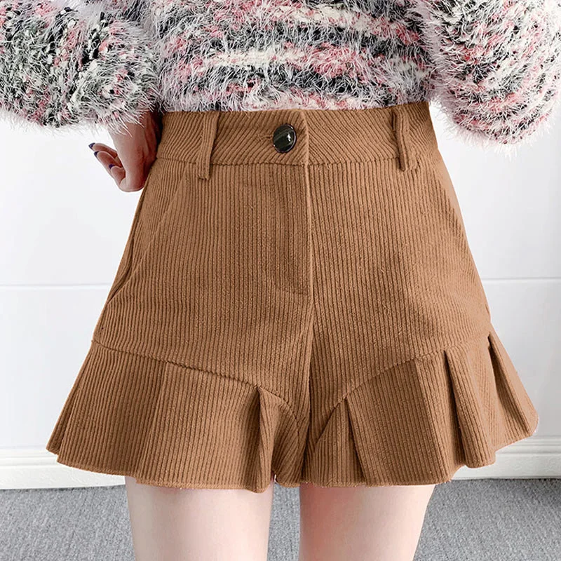 

Модные юбки с высокой талией, шорты, женские осенне-зимние вельветовые милые шорты с оборками, женские свободные шорты с широкими штанинами,...