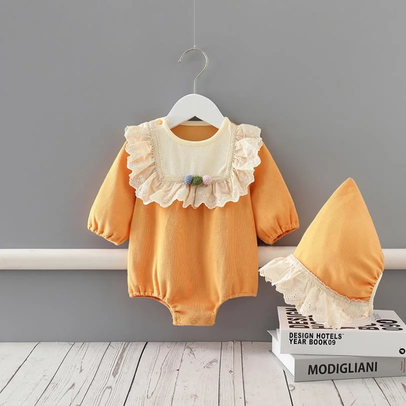 

0-24M Autumn New Newborn Girls Bodysuit One-Pieces Baby Jumpsuits Cotton Knit Lace Stitching Infant Romper With Hat L796