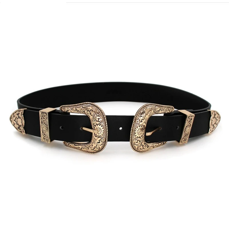 Ремень с двойной пряжкой Женский модный винтажный пояс в стиле бохо из металла и
