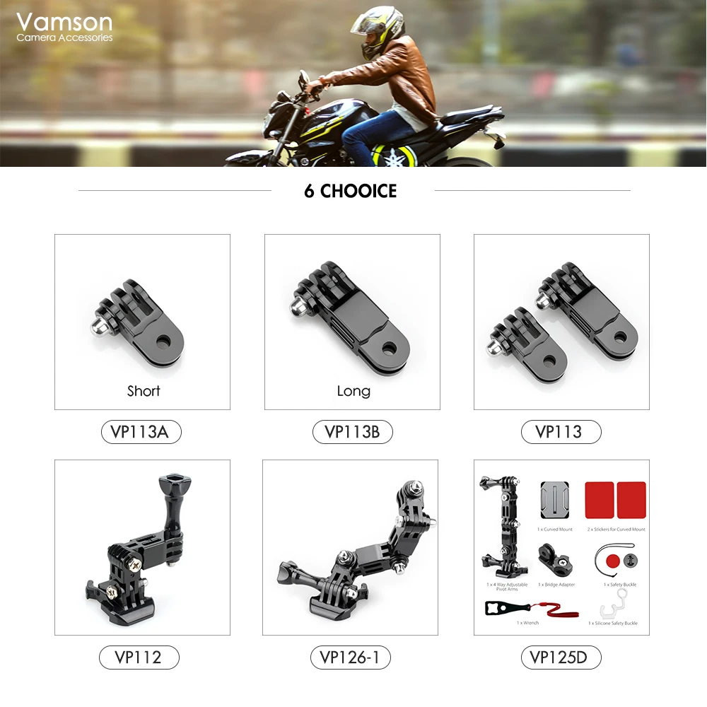 Vamson для Go Pro 8 5 Аксессуары Длинные Короткие регулируемые руки прямое Крепление на суставах для Gopro Hero 8 7 6 5 4 session 3+ VP113