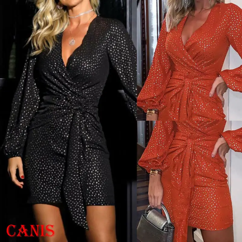 Женское мини-платье с пайетками глубоким V-образным вырезом вечервечерние платье