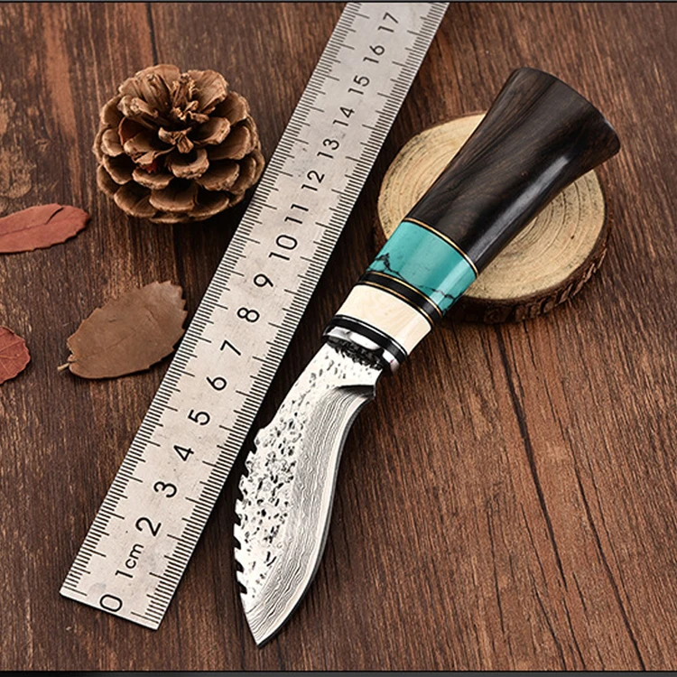 

Dropship Damascus Steel Straight Knife Fixed Blade Hunting Knife Ebony Handle Tactical Knife With Leather Case Camping Tool