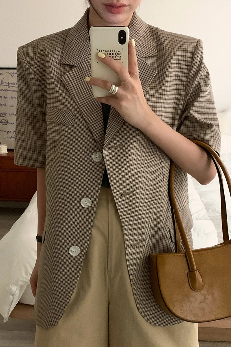 

Korea chic summer simple temperament lapel three buttons loose casual cardigan short-sleeved plaid suit jacket women