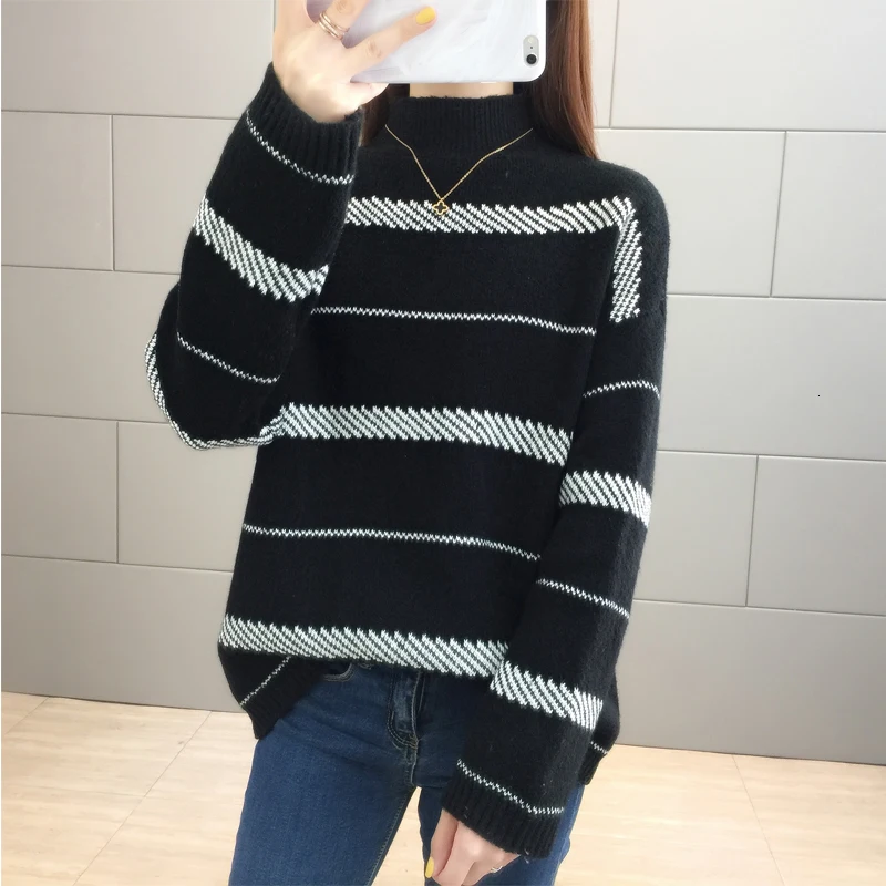 Черные хлопковые пуловеры в полоску с длинным рукавом зимние топы 2020 Женский