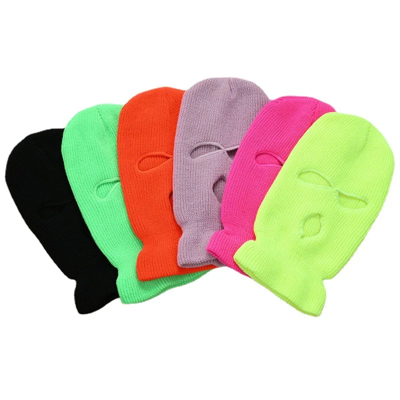 

New Balaclava Winter Warm Three-hole Wool Knitted Hat Solid Color Hooded Dome Beanie Outdoor Face Mask Hat