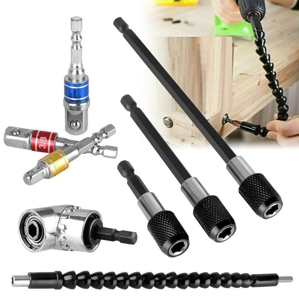 

8Pcs Flexible Drill Extension Hex Shank Drill Nut Driver Bendable Drill Adapter Bit+Universal Socket Bit Right Set Angle C9N1