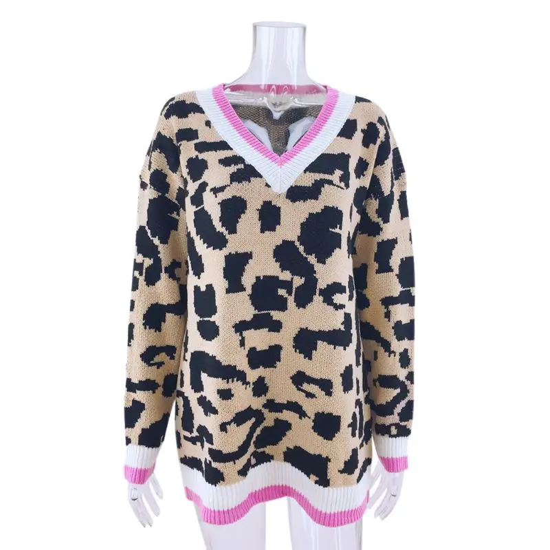 Женский свободный трикотажный пуловер с леопардовым принтом | Женская одежда