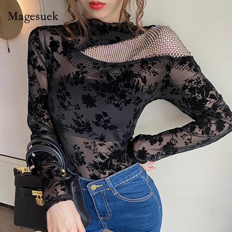

Элегантная шифоновая блузка с принтом, привлекательная сетчатая женская рубашка с длинным рукавом и открытыми плечами, облегающая блузка с...