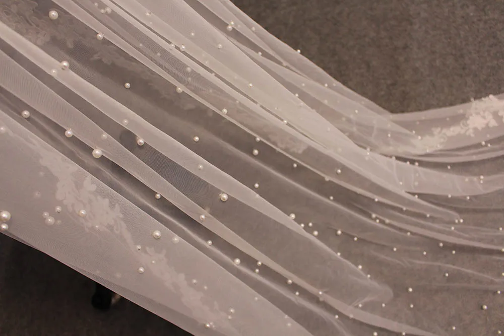 Pearls Wedding Veil with Lace 2 Layers Cover Face Bridal 3.5 Meters Long Blusher Accessories | Свадьбы и торжества
