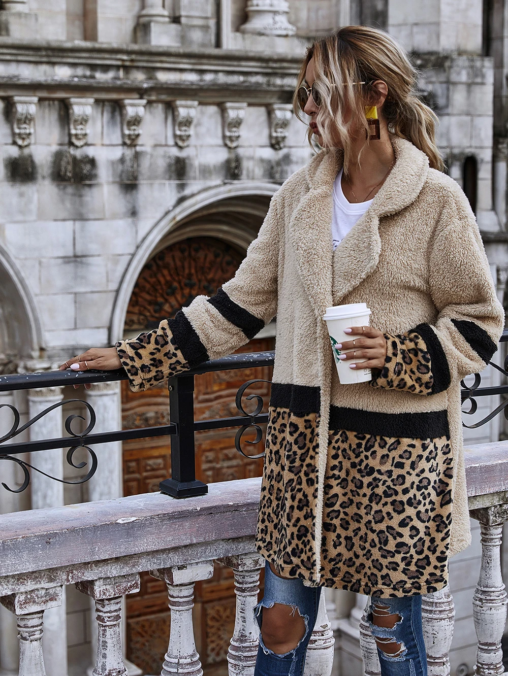 

Open Stitch Flocking Plush Jacket Women Autumn Winter Leopard Patchwork Coat Female Casual