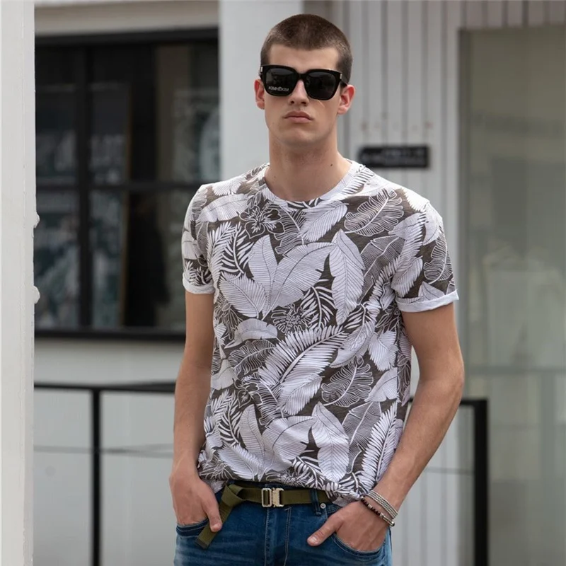 

2021 New Summer Leaf Printed T Shirts Men O-neck 100% Cotton Short-sleeved Men's T-Shirt Summer Male Tops Tee Shirts