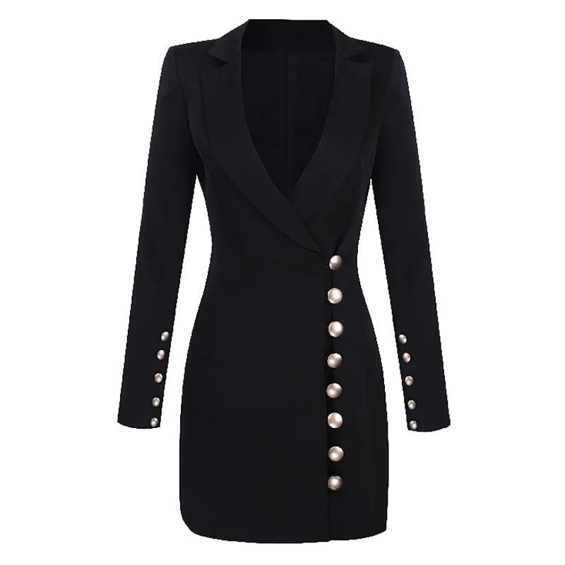 Женское офисное платье с длинным рукавом черное белое мини на золотых пуговицах