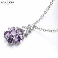 vanaxin flower pendant necklace for women purple fower crystal pendants high quality birthday gift cubic zircon jewels