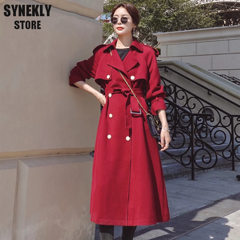 

Korean Style Straight Women Trench Coat Fashion Solid Double-Breasted Belted Lady Windbreaker Spring/Autumn Female Outerwear