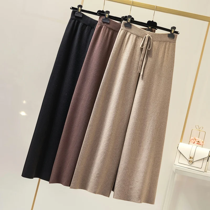 

Трикотажные брюки с широкими штанинами, женские зимние и осенние свободные прямые брюки с высокой талией, Y2K, повседневные, цвет черный/хаки