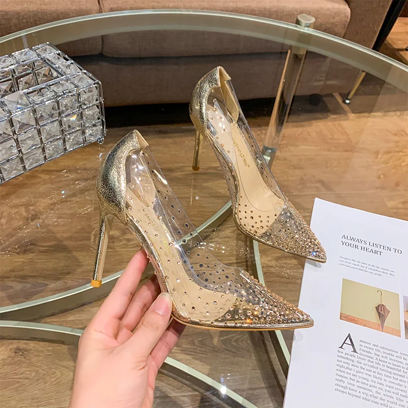 

2021 spring and autumn new crystal transparent high heels women's thin heel sexy pointed net red diamond single shoes women's