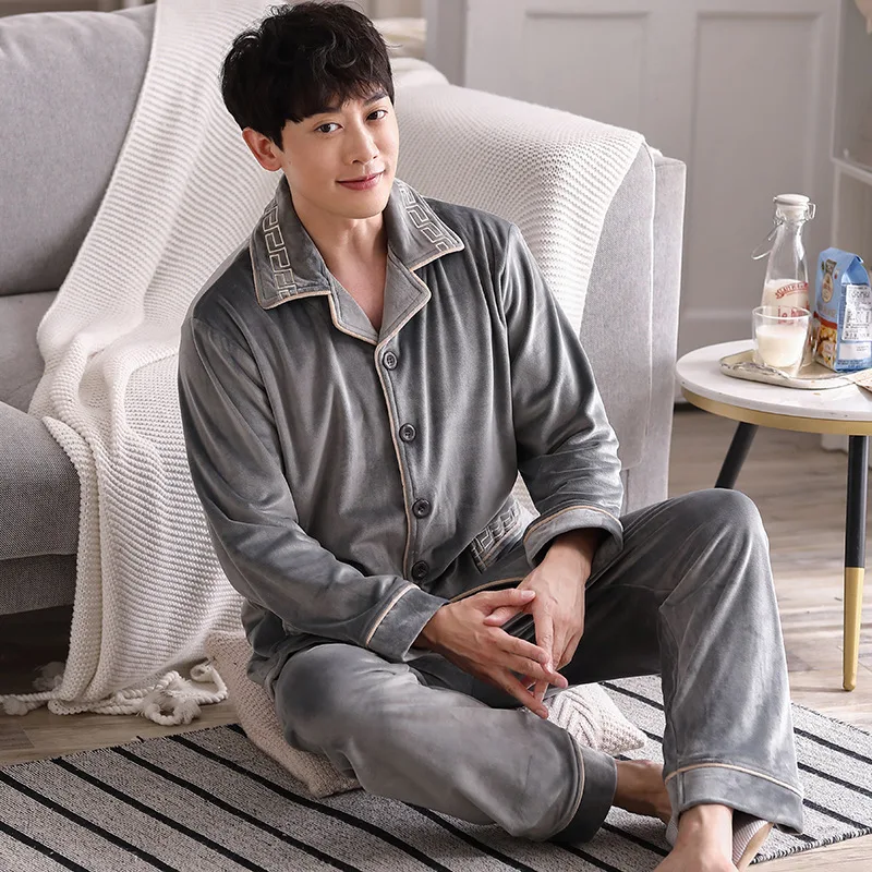 Pajamas Men's Island Fleece Warmth Plus Fleece Coral Flannel Thin Flannel Sommeil Tops Pyjama Homme Dormir Tops Ensemble Homme