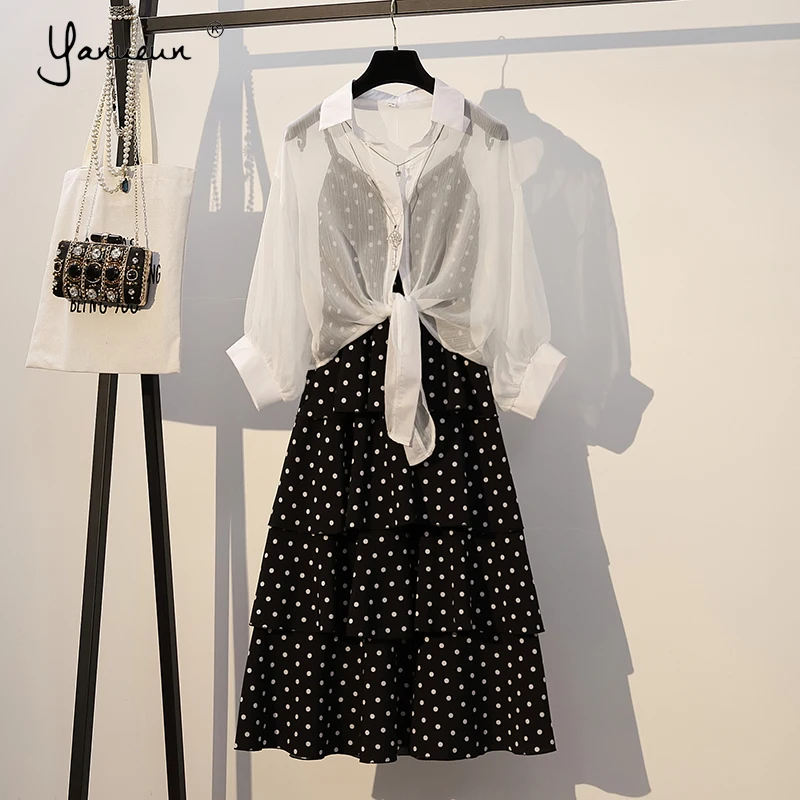 

Yanueun 2 Piece Sets Summer White Blouse+ A Line Dot Dresses Street Wear 2021 Womens Plus Size Design Suits
