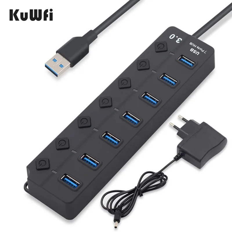 KuWFi usb-хаб высокоскоростной 4 / 7 порт USB 3 0 концентратор сплиттер с ЕС/США адаптер