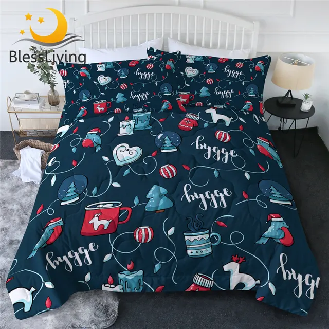 BlessLiving Merry Christmas Quilt Set Xmas Trees Candles Summer Bedspread Toys Thin Comforter Blue Red Duvet New Year Blanket 1