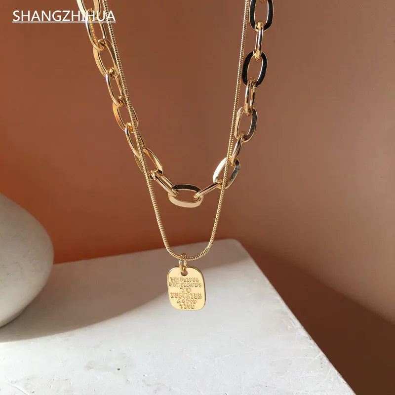 

Stainless steel Double Chain Letter Square Pendant Short Necklace For Woman Korean Fashion Jewelry Gothic Girl's Choker Chain