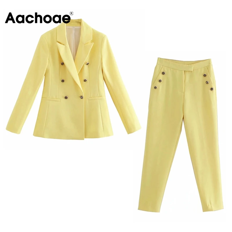 

Женский винтажный комплект из 2 предметов Aachoae, двубортный пиджак с длинным рукавом и английским воротником и длинные брюки с карманами и вы...