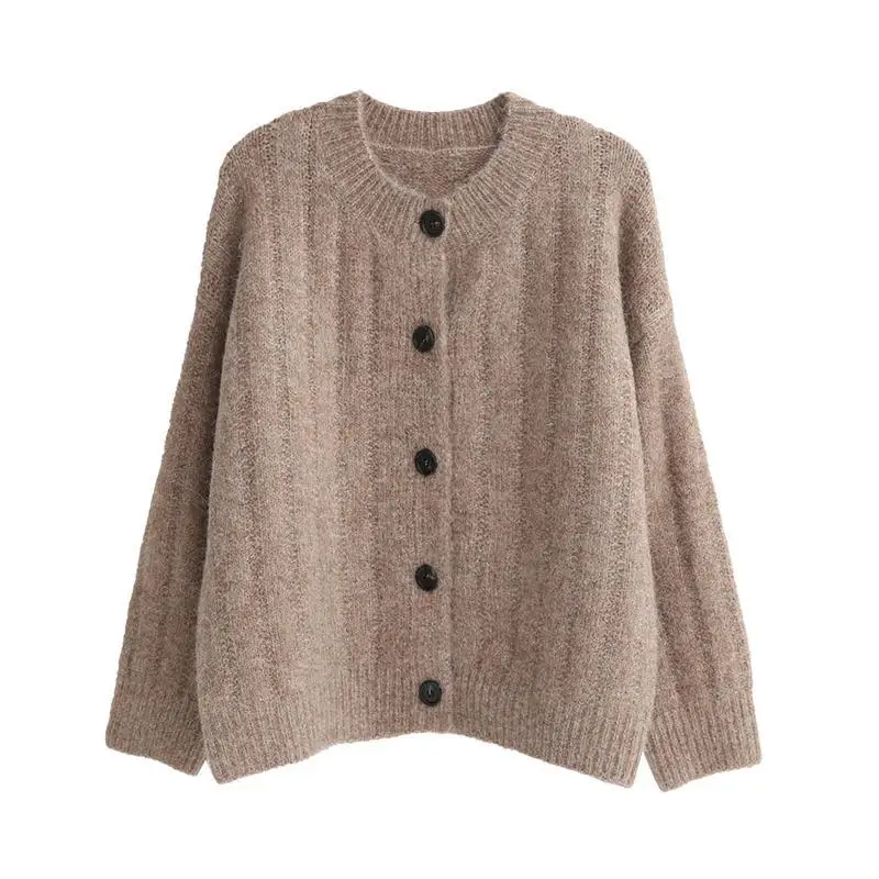 

2022 New Autumn And Winter Coat Sweater Female Korean Version Loose Long-sleeved Round Neck Solid Color Knitted Cardigan Top