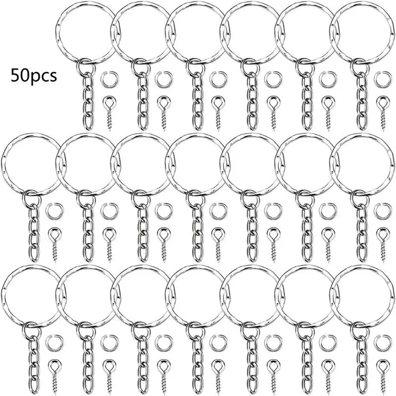 

50Pcs Silver Screw Eye Pin Key Chains With Open Jump Ring Chain Extender Eye Pins Split Keyring Jewelry Making Findings