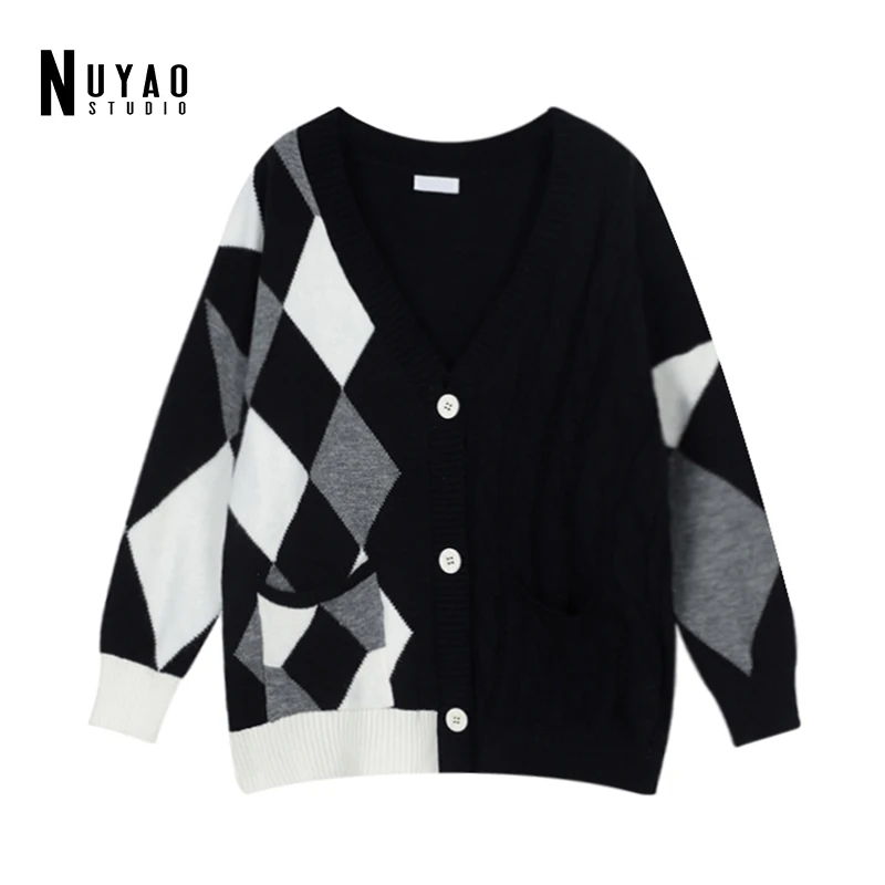 

Женский вязаный свитер с длинными рукавами, базовая однобортная Свободная кофта оверсайз с V-образным вырезом и рисунком ромбиками, Осень-з...