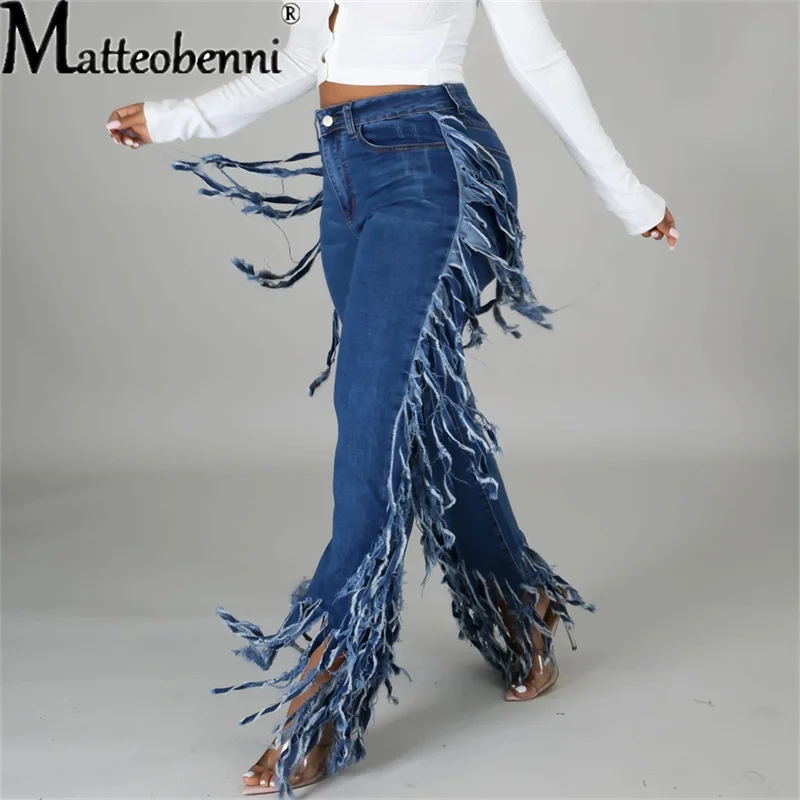 

Tassel Side Splicing Washed Denim Pants Women Retro Straight Jeans Trousers Casual Street High Waist Ladies Split Wide Leg Pants