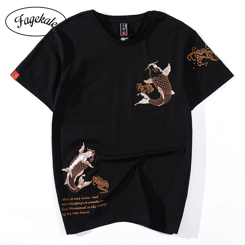 Мужская футболка с короткими рукавами и вышивкой свободная хлопковая рубашка в