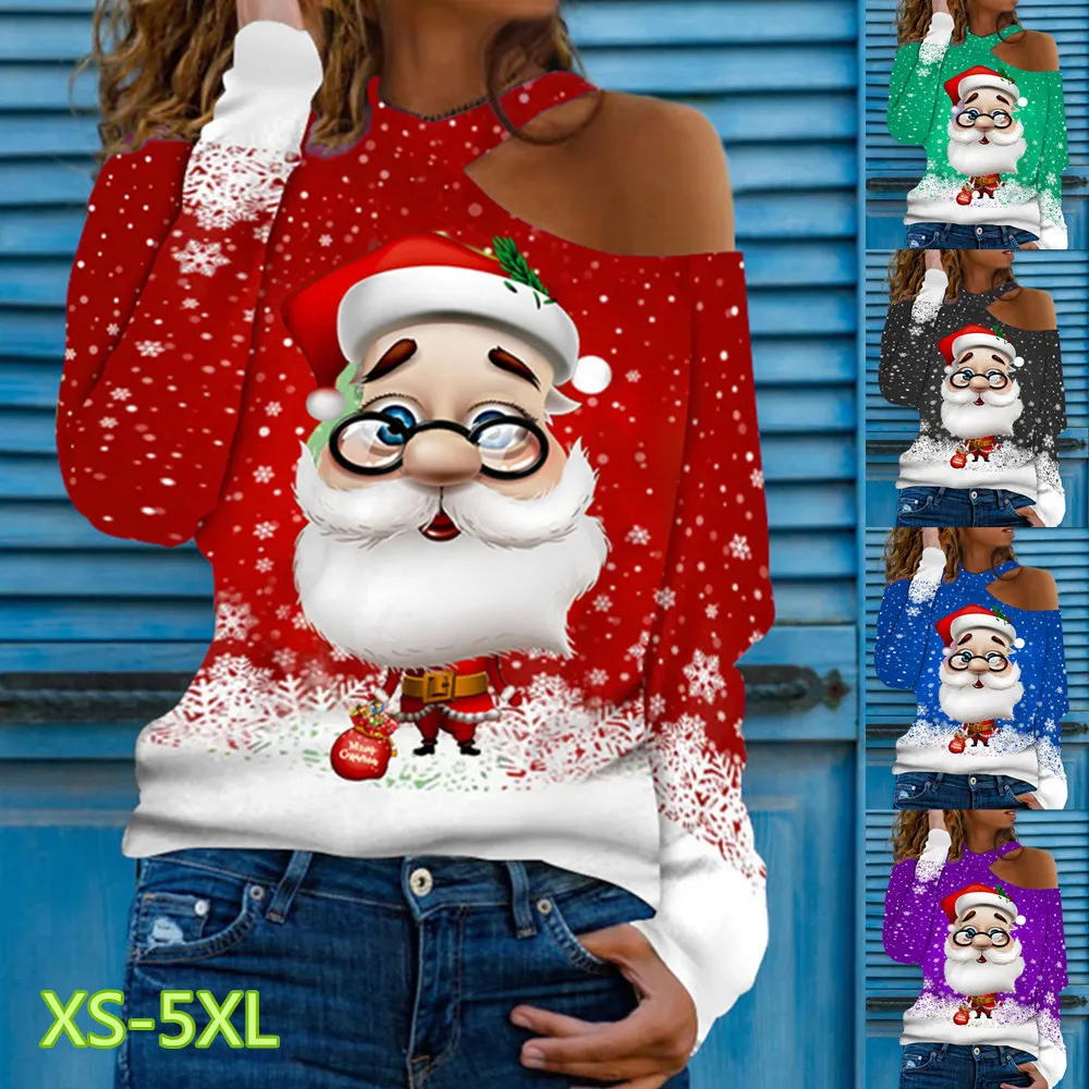 

New 2021 Women Christmas Elk Print T Shirt Casual Off Shoulder Loose Pullover Tops Fashion Long Puff Sleeve Lady Winter Clothes