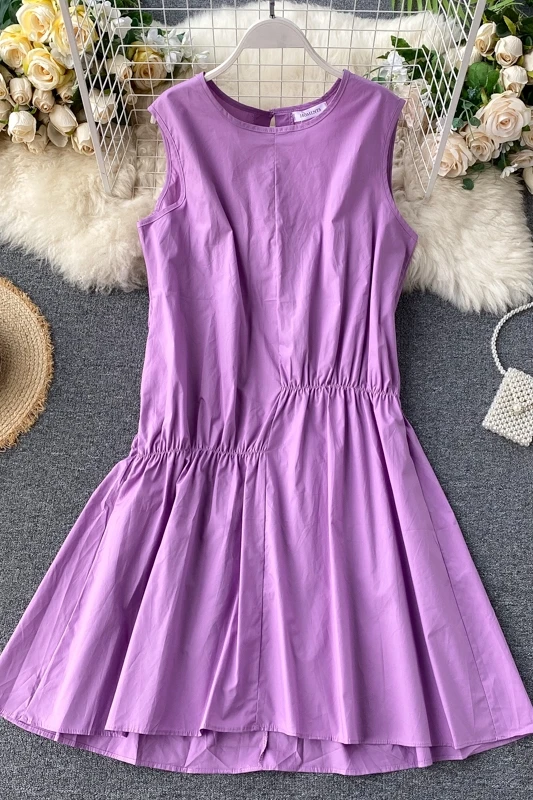 

Summer New Fashion Women Casual Sleevless O Neck A Line Dress Vestidos Empire Waist Solid Dresses