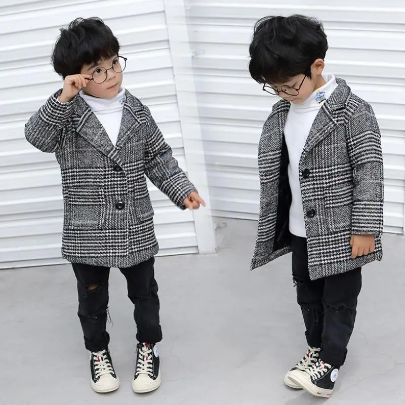 

Boys Woolen Coats Fleece Jackets Outwear 2021 Black Thicken Warm Plus Velvet Winter Autumn Cotton Teenagers Children's Clothing