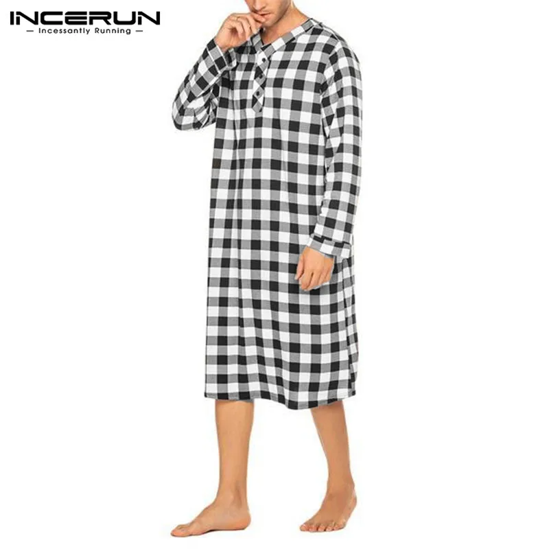 2021 New Men Plaid Sleep Robes Sleepwear Fashion Soft Loose Long Sleeve V Neck Button Nightgowns Casual Pajamas INCERUN | Мужская одежда