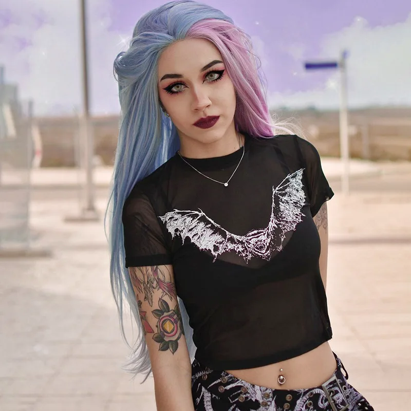 

Mandylandy Transparent Sheer Thin Mesh Vintage Bat Printed Short Sleeve O Neck See Through Crop Top For Women