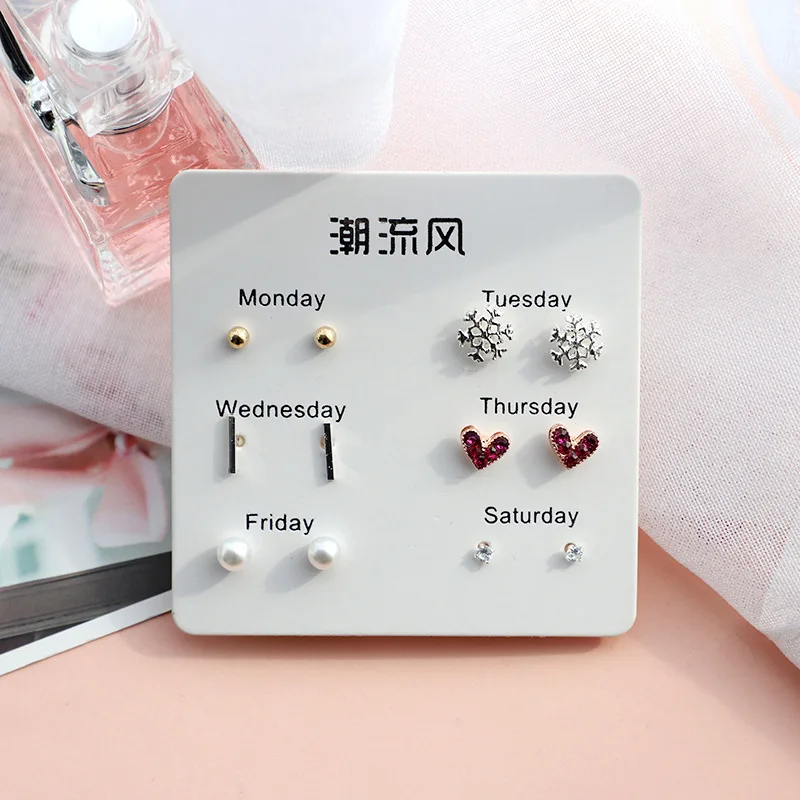 6 Pairs/set, New Earrings for Women Stars Heart Crytal Cute Earrings Fashion Jewelry Monday To Saturday 6 Pairs Earrings - Metal Color: F