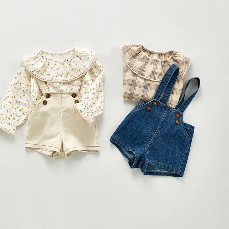 

2020 autumn new baby overalls boys and girls denim overalls children's jumpsuits children's denim shorts two-piece suit