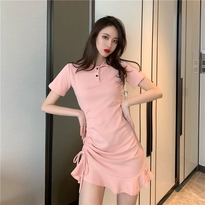 Летнее женское платье в Корейском стиле милое платье-поло с воротником на
