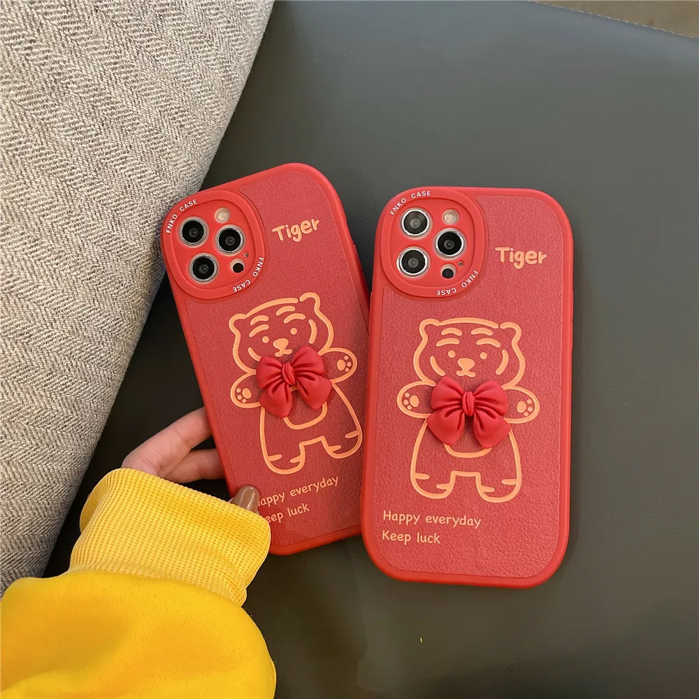 

INS Cartoon Cute Bow Tiger Phone Case For iPhone 13 12 11 PRO MAX XS X 8 PLUS XR All inclusive Soft Frame Protective Cover Funda