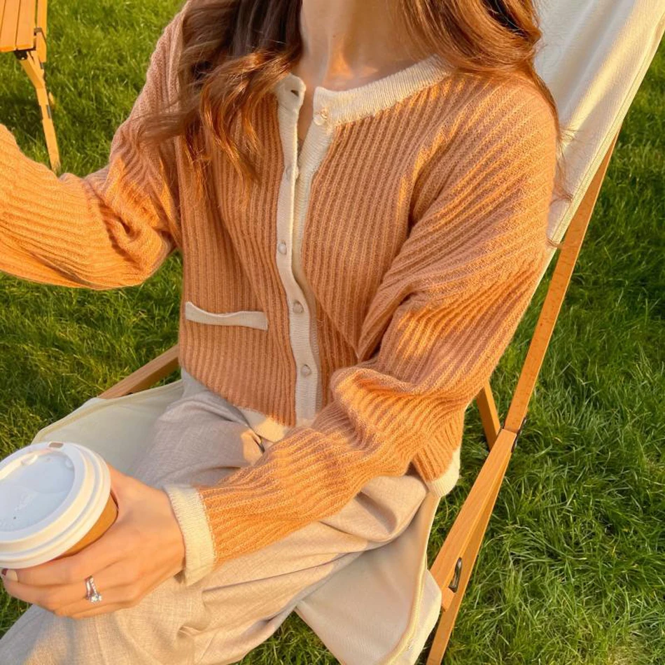 

Fashion O-neck Orange Knitted Wool Cardigan Pearl Single-Breasted Spring Autumn Women's Sweater lLong Sleeved Loose Lovely Girls